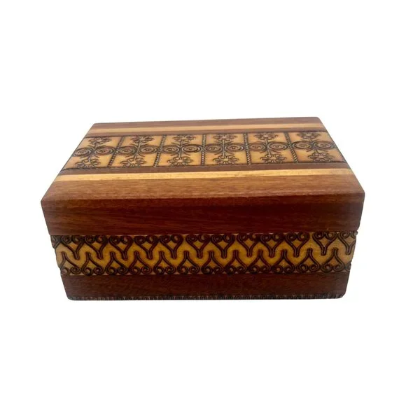 Handcrafted Wooden Polish Folk Art Trinket Jewelry Box Floral Geometric Patterns - Picture 2 of 9